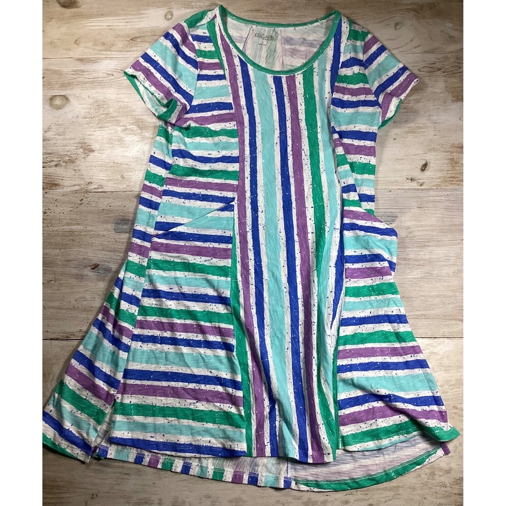 Escape by Habitat Women Large Striped Cotton A-Line Dress Blue Green 22640